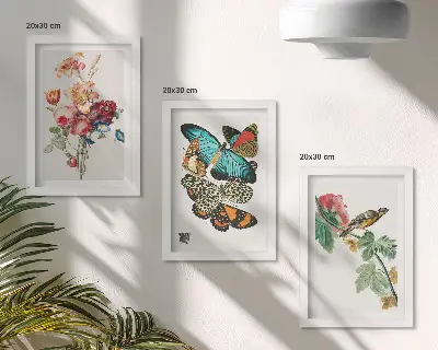 Mur de cadres avec des fleurs, des papillons et un oiseau dans des tons pastel