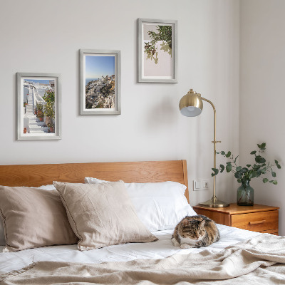 Ensemble de 3 tableaux Escaliers blancs à Santorin avec vue sur la ville