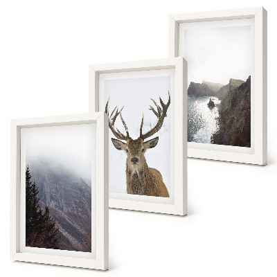 Lot de 3 tableaux Paysage de montagne avec brouillard, eau et cerfs