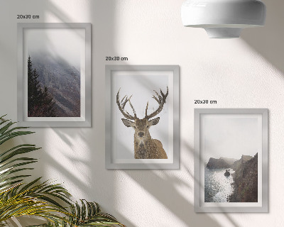 Lot de 3 tableaux Paysage de montagne avec brouillard, eau et cerfs