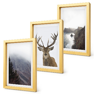 Lot de 3 tableaux Paysage de montagne avec brouillard, eau et cerfs