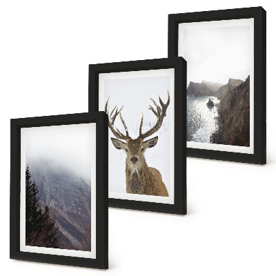 Lot de 3 tableaux Paysage de montagne avec brouillard, eau et cerfs
