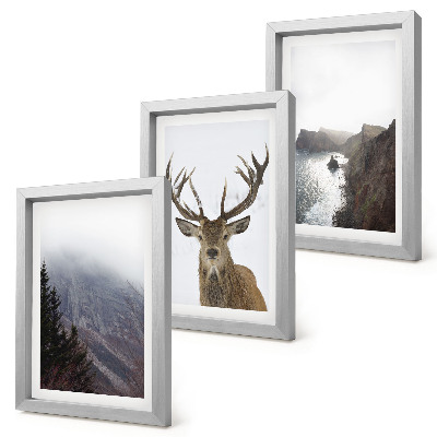 Lot de 3 tableaux Paysage de montagne avec brouillard, eau et cerfs