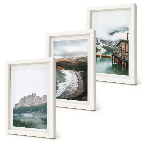 Lot de 3 tableaux Paysages de montagne avec une plage et une maison en bois