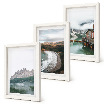 Lot de 3 tableaux Paysages de montagne avec une plage et une maison en bois