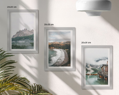 Lot de 3 tableaux Paysages de montagne avec une plage et une maison en bois