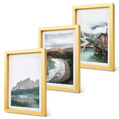Lot de 3 tableaux Paysages de montagne avec une plage et une maison en bois