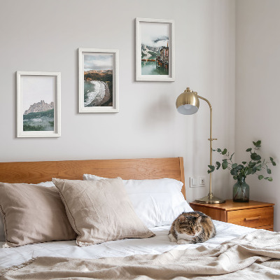 Lot de 3 tableaux Paysages de montagne avec une plage et une maison en bois