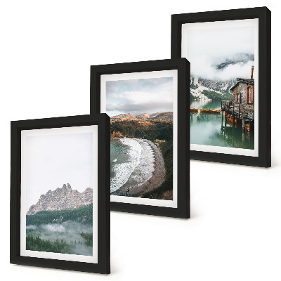 Lot de 3 tableaux Paysages de montagne avec une plage et une maison en bois