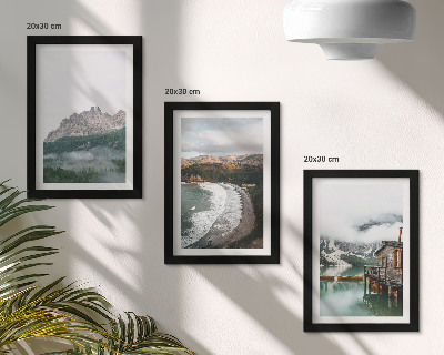 Lot de 3 tableaux Paysages de montagne avec une plage et une maison en bois