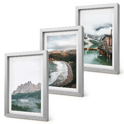 Lot de 3 tableaux Paysages de montagne avec une plage et une maison en bois