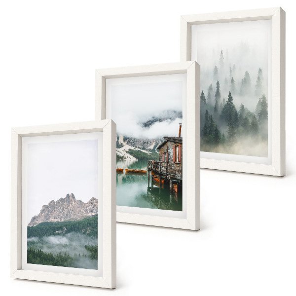 Lot de 3 tableaux Montagnes, lac, chalet et brouillard dans la forêt