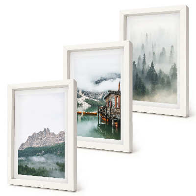 Lot de 3 tableaux Montagnes, lac, chalet et brouillard dans la forêt