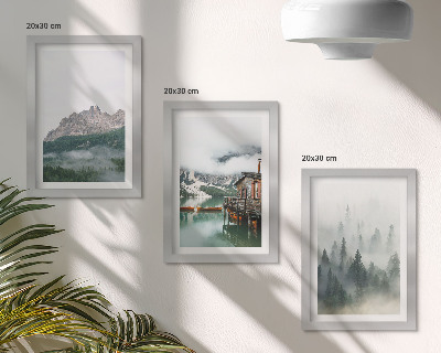Lot de 3 tableaux Montagnes, lac, chalet et brouillard dans la forêt