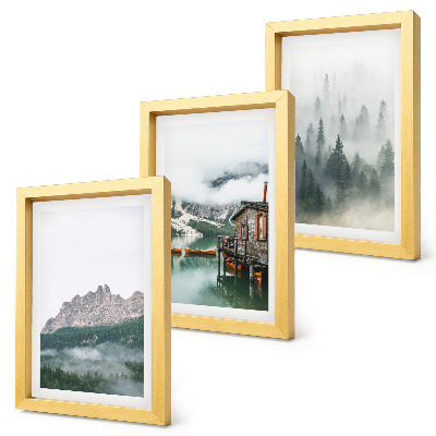 Lot de 3 tableaux Montagnes, lac, chalet et brouillard dans la forêt