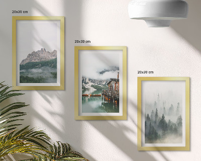 Lot de 3 tableaux Montagnes, lac, chalet et brouillard dans la forêt
