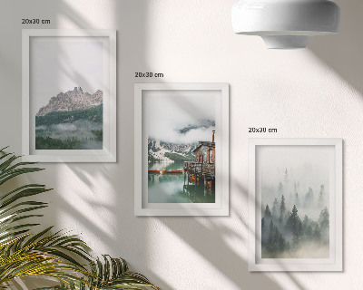 Lot de 3 tableaux Montagnes, lac, chalet et brouillard dans la forêt