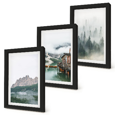 Lot de 3 tableaux Montagnes, lac, chalet et brouillard dans la forêt