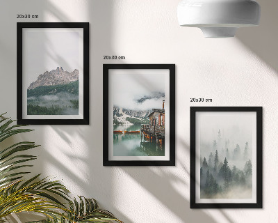 Lot de 3 tableaux Montagnes, lac, chalet et brouillard dans la forêt