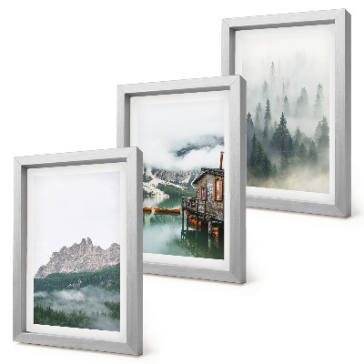 Lot de 3 tableaux Montagnes, lac, chalet et brouillard dans la forêt