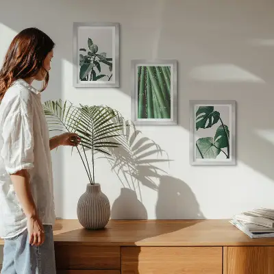 Lot de 3 tableaux motif tiges de bambou, plante d'intérieur et feuilles de monstera