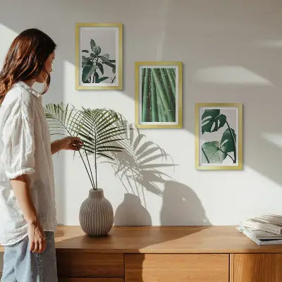 Lot de 3 tableaux motif tiges de bambou, plante d'intérieur et feuilles de monstera
