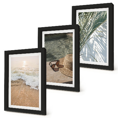 Ensemble de 3 tableaux Chapeau de plage et lunettes de soleil feuilles