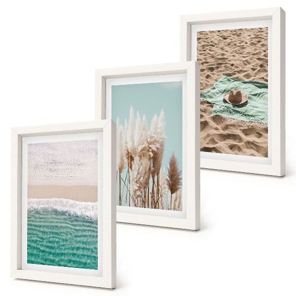 Lot de 3 tableaux Plage, vagues, herbe, chapeau, sable, détente, nature