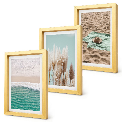 Lot de 3 tableaux Plage, vagues, herbe, chapeau, sable, détente, nature