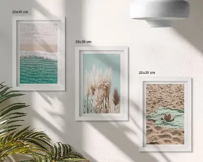 Lot de 3 tableaux représentant une plage avec des vagues, de l'herbe, un chapeau et du sable pour une ambiance détente et nature