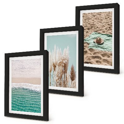 Lot de 3 tableaux Plage, vagues, herbe, chapeau, sable, détente, nature