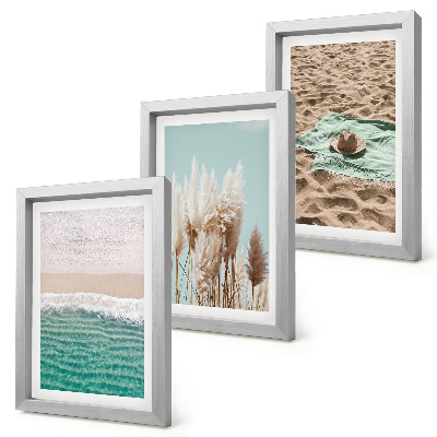 Lot de 3 tableaux Plage, vagues, herbe, chapeau, sable, détente, nature