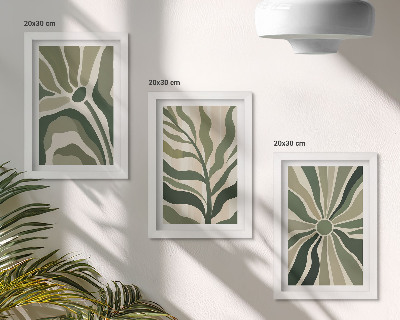 Ensemble de 3 tableaux Motifs végétaux dans les tons de vert et de beige