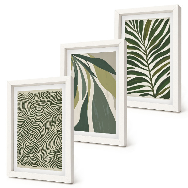 Ensemble de 3 tableaux Motifs de feuilles et lignes ondulées dans des tons de vert