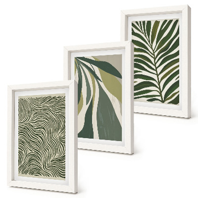Ensemble de 3 tableaux Motifs de feuilles et lignes ondulées dans des tons de vert