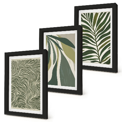 Ensemble de 3 tableaux Motifs de feuilles et lignes ondulées dans des tons de vert