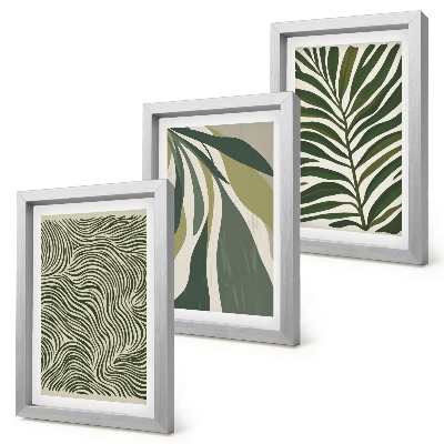 Ensemble de 3 tableaux Motifs de feuilles et lignes ondulées dans des tons de vert