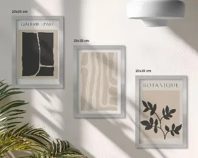 Ensemble de 3 tableaux représentant des formes abstraites et des motifs végétaux dans des tons neutres