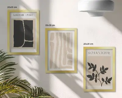 Ensemble de 3 tableaux représentant des formes abstraites et des motifs végétaux dans des tons neutres