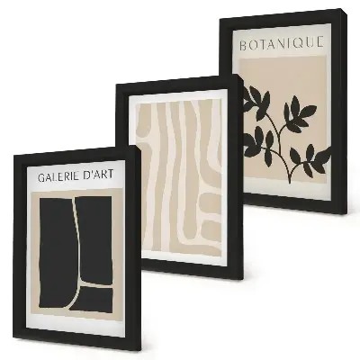 Ensemble de 3 tableaux représentant des formes abstraites et des motifs végétaux dans des tons neutres