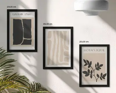 Ensemble de 3 tableaux représentant des formes abstraites et des motifs végétaux dans des tons neutres