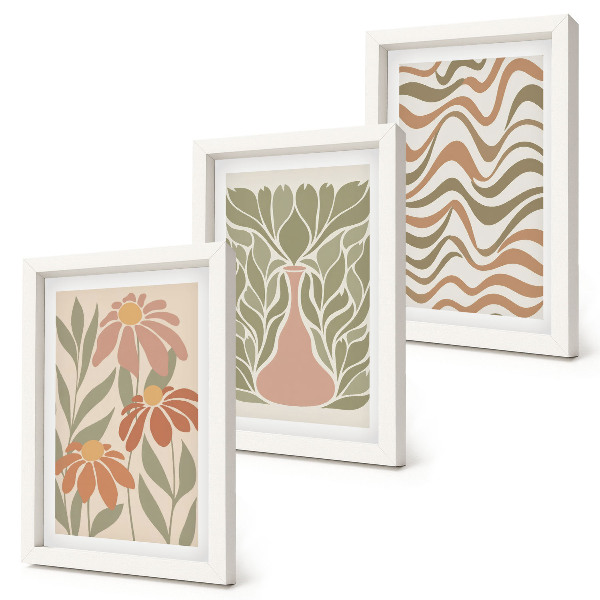 Lot de 3 tableaux Illustrations florales pastel, abstraction ondulée
