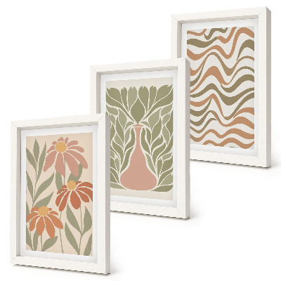 Lot de 3 tableaux Illustrations florales pastel, abstraction ondulée