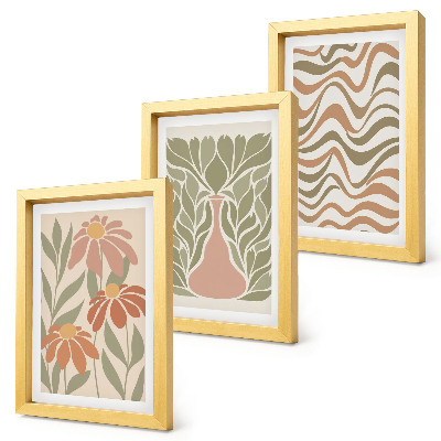 Lot de 3 tableaux Illustrations florales pastel, abstraction ondulée