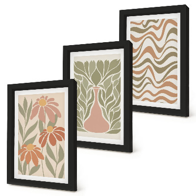 Lot de 3 tableaux Illustrations florales pastel, abstraction ondulée