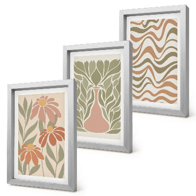 Lot de 3 tableaux Illustrations florales pastel, abstraction ondulée
