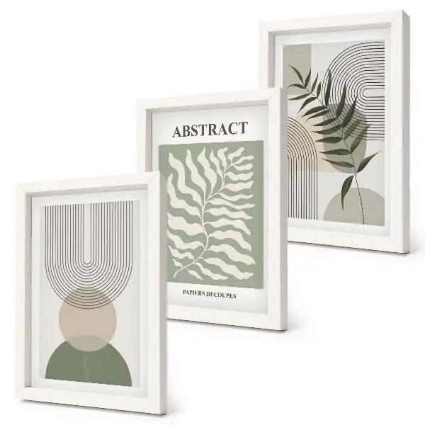 Ensemble de 3 tableaux abstraits botaniques au style bohème rustique