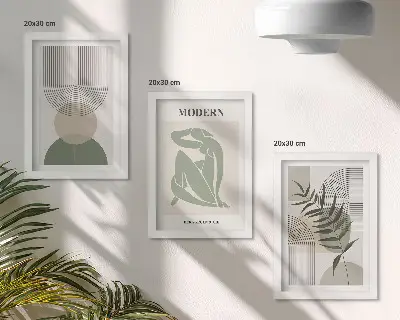 Lot de 3 tableaux avec des graphismes élégants, des formes abstraites et des plantes