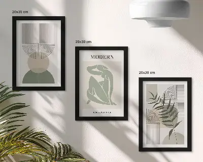 Lot de 3 tableaux avec des graphismes élégants, des formes abstraites et des plantes