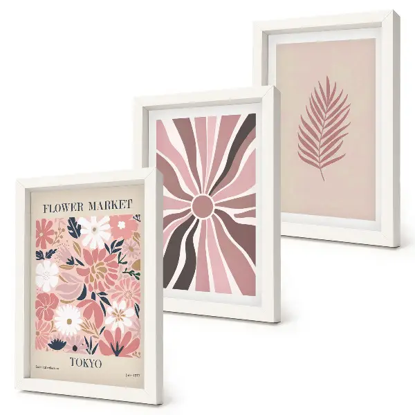 Mur de cadres motifs floraux avec feuilles et formes géométriques